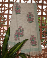 Pink Flower Jute Fabric Hand Block Sofa Throw